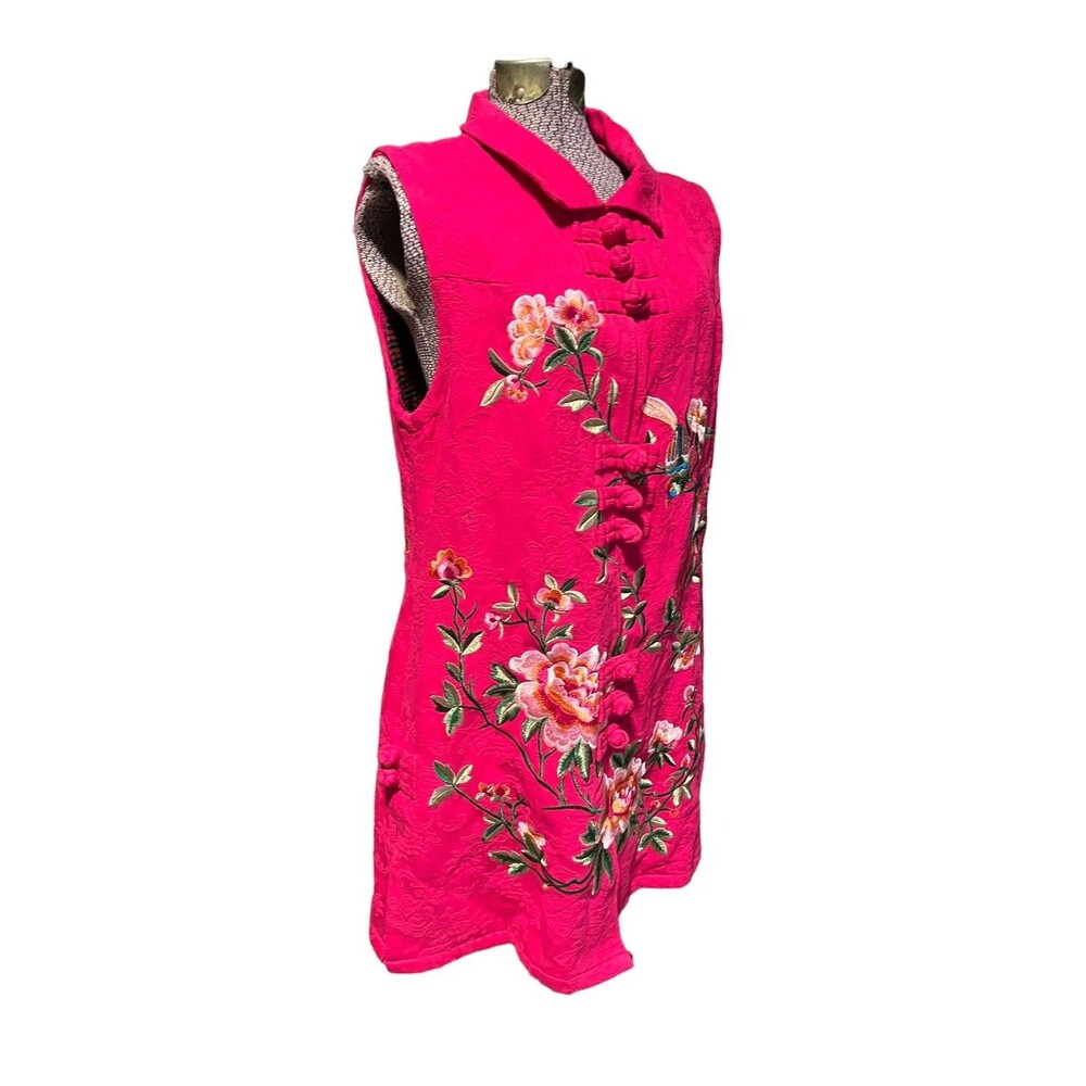 Embroidery Qipao  Chinese Mid Long  Vest Party Dress Pink Floral Bird Waistcoat
